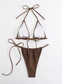 Halter Triangle Tie Side Summer Beach Bikini Set - Coffee Brown - View 3