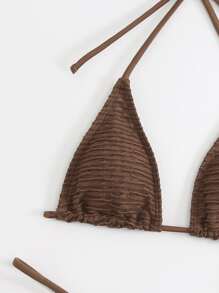 Halter Triangle Tie Side Summer Beach Bikini Set - Coffee Brown - View 5