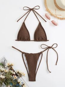 Halter Triangle Tie Side Summer Beach Bikini Set - Coffee Brown - View 6