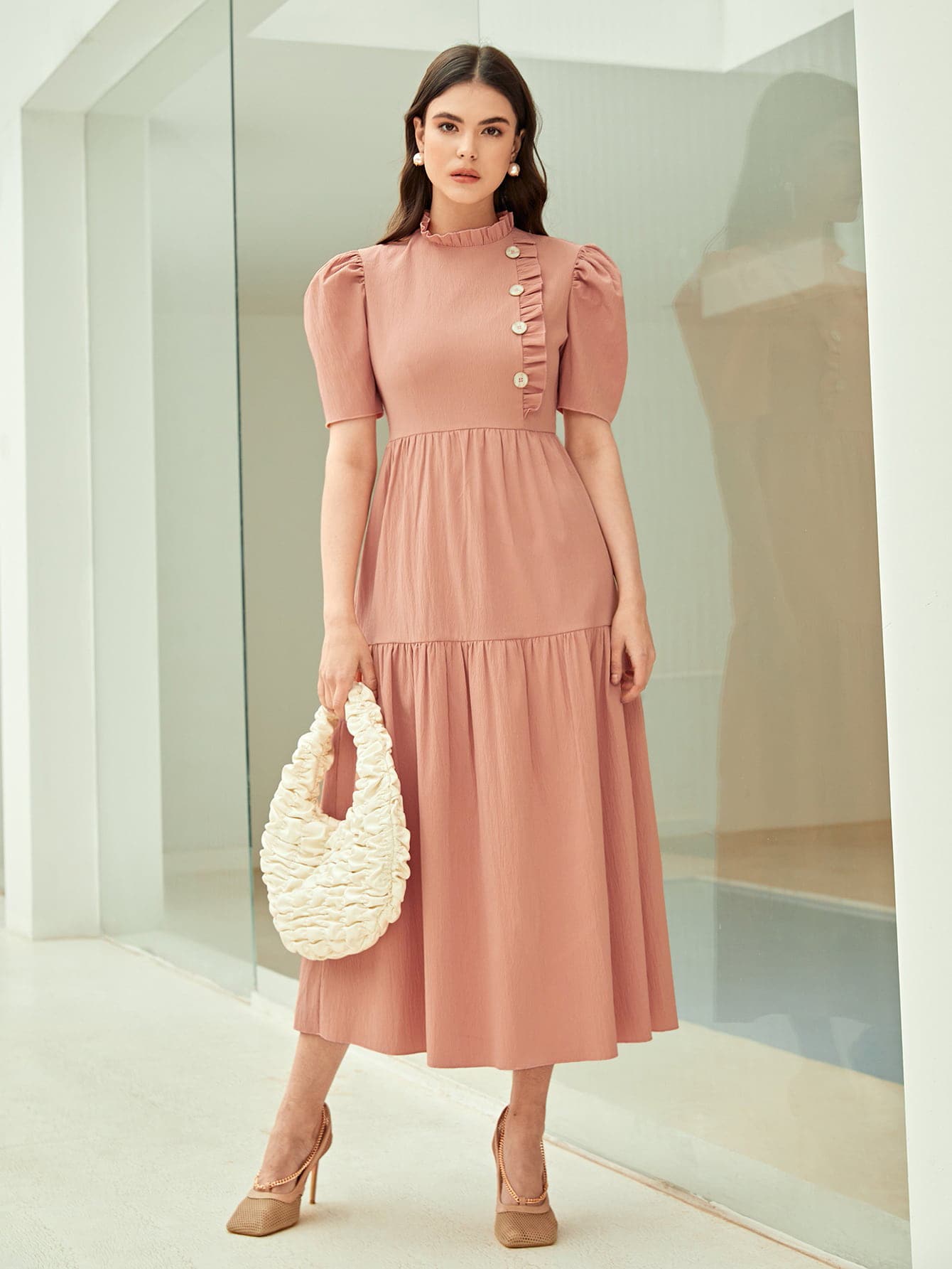 Modelyn Vestido ribete fruncido de manga farol bajo con fruncido - Rosa vieja - Ver 1