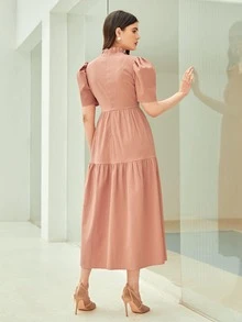 Modelyn Vestido ribete fruncido de manga farol bajo con fruncido - Rosa vieja - Ver 2