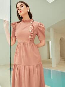 Modelyn Vestido ribete fruncido de manga farol bajo con fruncido - Rosa vieja - Ver 3