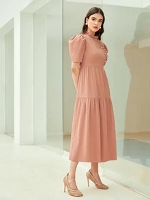 Modelyn Vestido ribete fruncido de manga farol bajo con fruncido - Rosa vieja - Ver 4