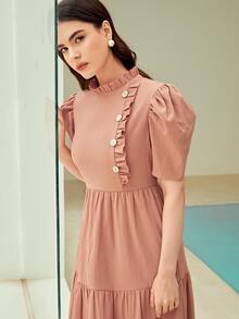Modelyn Vestido ribete fruncido de manga farol bajo con fruncido - Rosa vieja - Ver 6