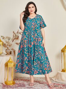 Al Najma Vestido con estampado floral de cuello V - Azul - Ver 1