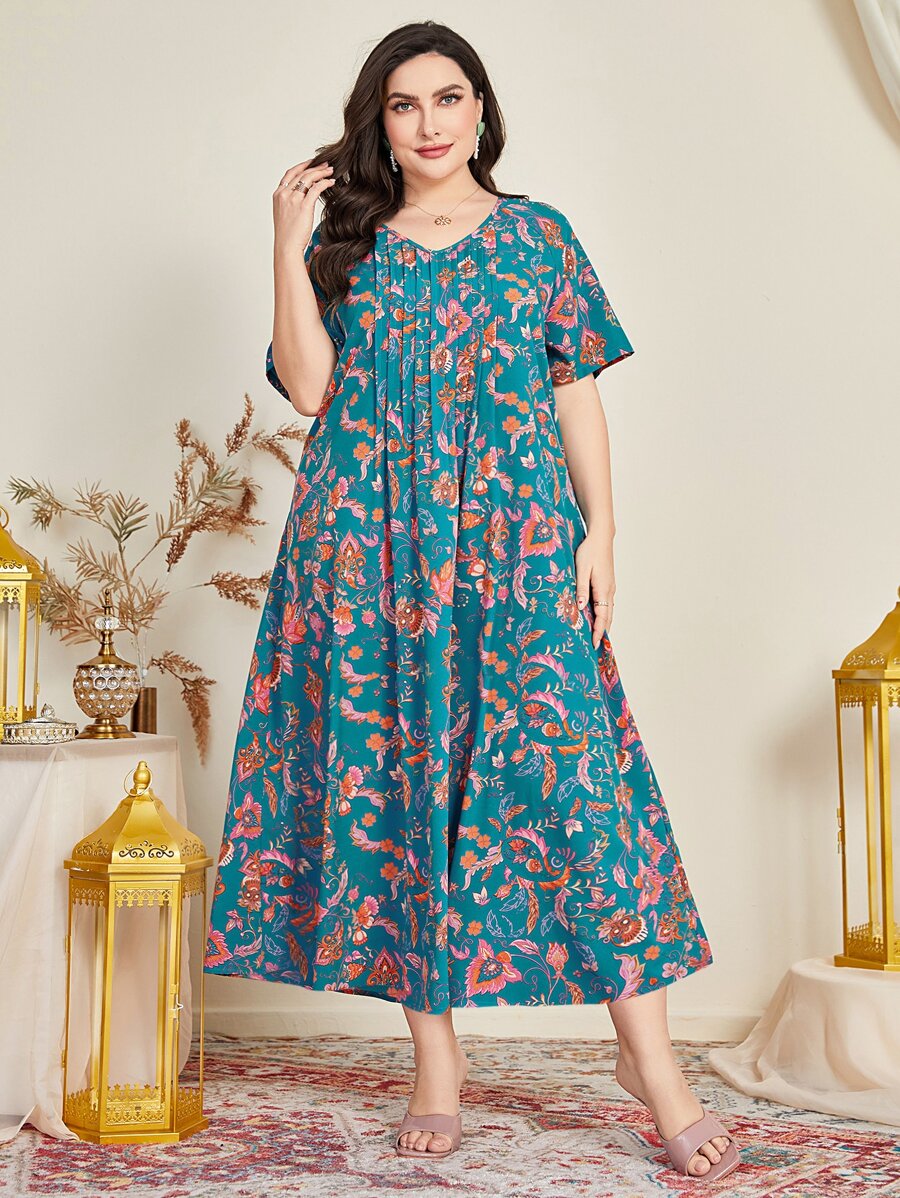 Al Najma Vestido con estampado floral de cuello V - Azul - Ver 1