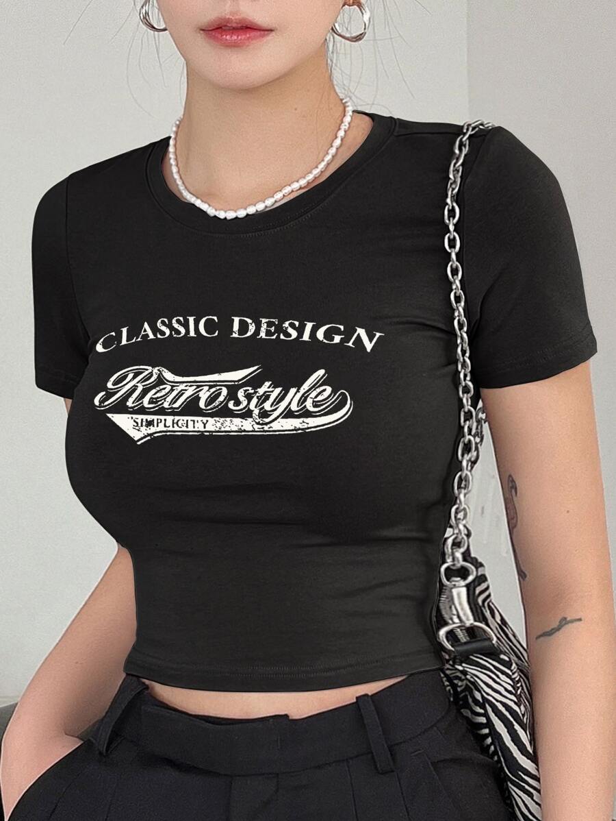 DAZY Slogan Graphic Crop Tee - Black - View 1