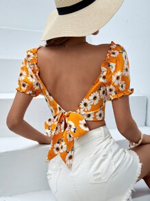 SHEIN VCAY Floral Print Tie Backless Puff Sleeve Crop Blouse - Multicolor - View 1