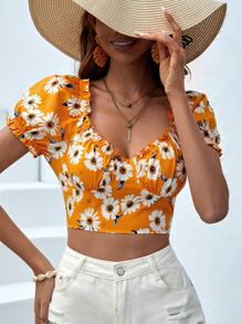 SHEIN VCAY Floral Print Tie Backless Puff Sleeve Crop Blouse - Multicolor - View 6