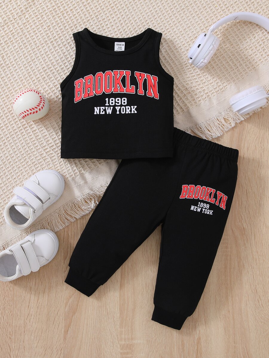 嬰兒女童字母圖案背心和運動褲 - 黑色 - 查看 1