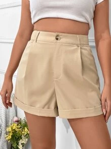 SHEIN Essnce Plus High Waist Roll Hem Shorts - Apricot - View 1