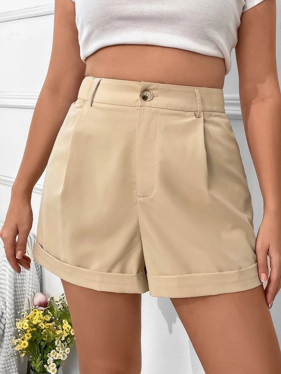 SHEIN Essnce Plus High Waist Roll Hem Shorts - Apricot - View 1