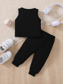 嬰兒女童字母圖案背心和運動褲 - 黑色 - 查看 2