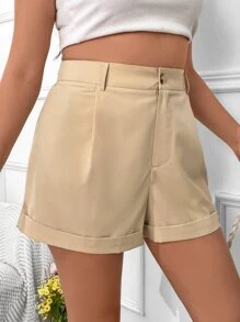 SHEIN Essnce Plus High Waist Roll Hem Shorts - Apricot - View 5