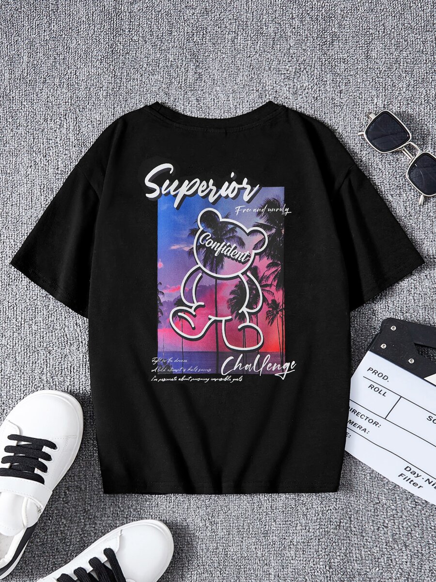 SHEIN 男孩標語和卡通圖案T恤