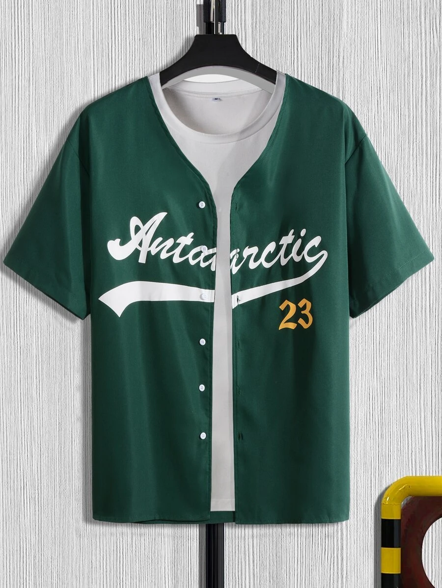 Manfinity 男士1入組字母圖案襯衫 - 墨綠色 - 查看 1