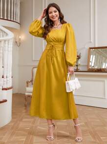 Modelyn Square Neck Lantern Sleeve Lace Up Front Dress Maxi Women Outfit - Yellow - View 1