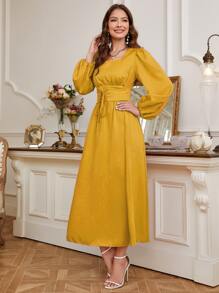 Modelyn Square Neck Lantern Sleeve Lace Up Front Dress Maxi Women Outfit - Yellow - View 3