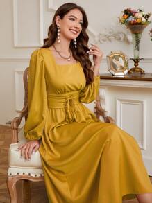 Modelyn Square Neck Lantern Sleeve Lace Up Front Dress Maxi Women Outfit - Yellow - View 4