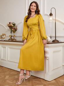 Modelyn Square Neck Lantern Sleeve Lace Up Front Dress Maxi Women Outfit - Yellow - View 5