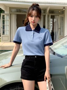 DAZY 愛心刺繡拼接邊Polo領T恤 - 藍色 - 查看 4