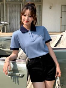 DAZY 愛心刺繡拼接邊Polo領T恤 - 藍色 - 查看 5