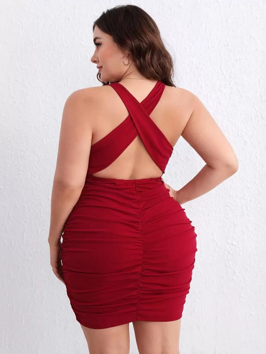SHEIN Privé Plus Crisscross Backless Ruched Bodycon Dress - Red - View 1