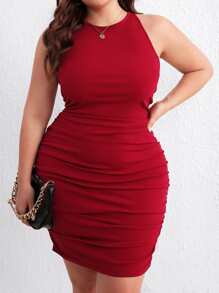 SHEIN Privé Plus Crisscross Backless Ruched Bodycon Dress - Red - View 2