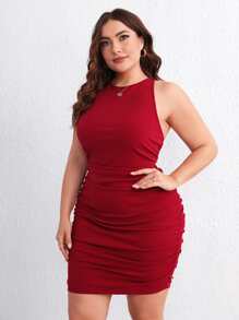 SHEIN Privé Plus Crisscross Backless Ruched Bodycon Dress - Red - View 3