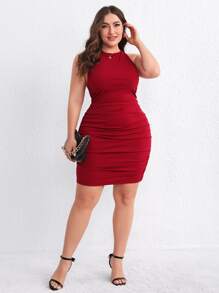 SHEIN Privé Plus Crisscross Backless Ruched Bodycon Dress - Red - View 4