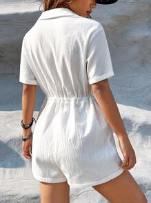 SHEIN EZwear Áo sơ mi Romper Phương Tây Cô gái cao bồi Cổ áo Eo dây rút Cuộn lên tay áo - trắng - Xem 2