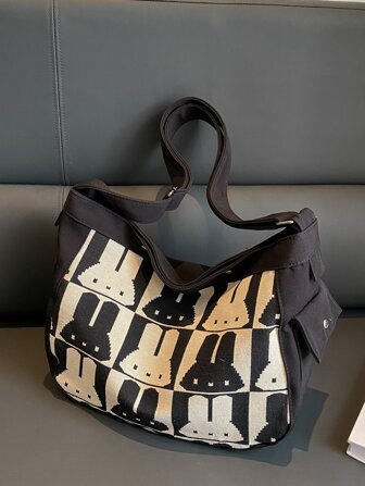 1pc Contrast Color Canvas Shoulder Bag With Bunny Decoration, Large Capacity, Cartoon Messenger Bag For Students, Suitable For Walking And Festivals, Ideal As Gifts