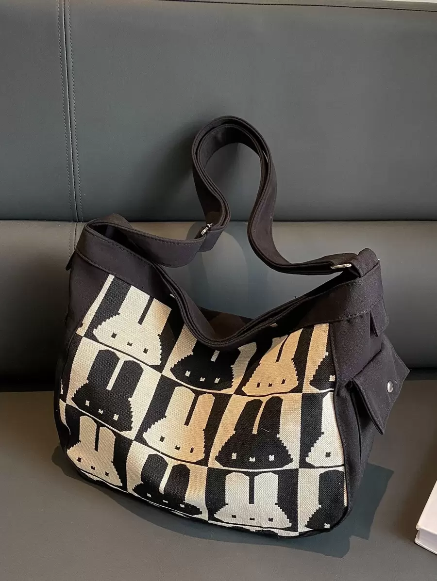 Cartoon Rabbit Pattern Hobo Bag Quá khổ Phong cách dễ thương - màu đen - Xem 1