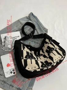 Cartoon Rabbit Pattern Hobo Bag Quá khổ Phong cách dễ thương - màu đen - Xem 6