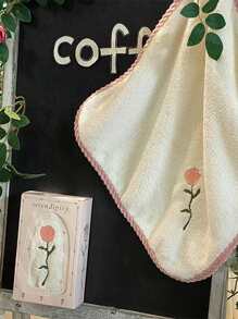 1pc Flower Pattern Hand Towel, Pink Polyester Embroidery Soft Towel For Home - Pink - View 7