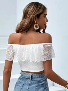 SHEIN VCAY Áo nữ Tương phản ren màu trơn Boho - trắng - Xem 2