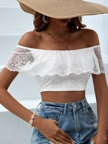 SHEIN VCAY Áo nữ Tương phản ren màu trơn Boho - trắng - Xem 4