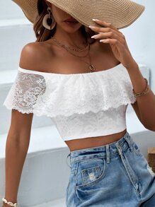 SHEIN VCAY Áo nữ Tương phản ren màu trơn Boho - trắng - Xem 6