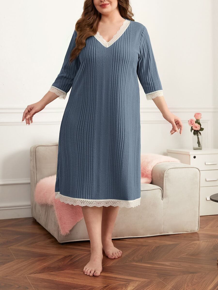 Plus Contrast Lace Nightdress - Dusty Blue - View 1