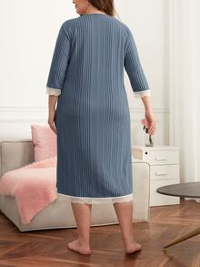 Plus Contrast Lace Nightdress - Dusty Blue - View 2