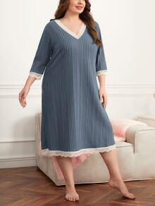 Plus Contrast Lace Nightdress - Dusty Blue - View 3