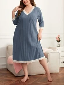 Plus Contrast Lace Nightdress - Dusty Blue - View 5