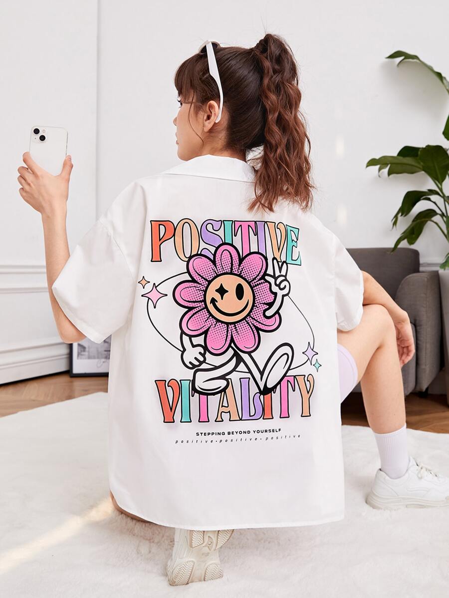 SHEIN Teen Girls Slogan & Cartoon Graphic Drop Shoulder Shirt - White - View 1