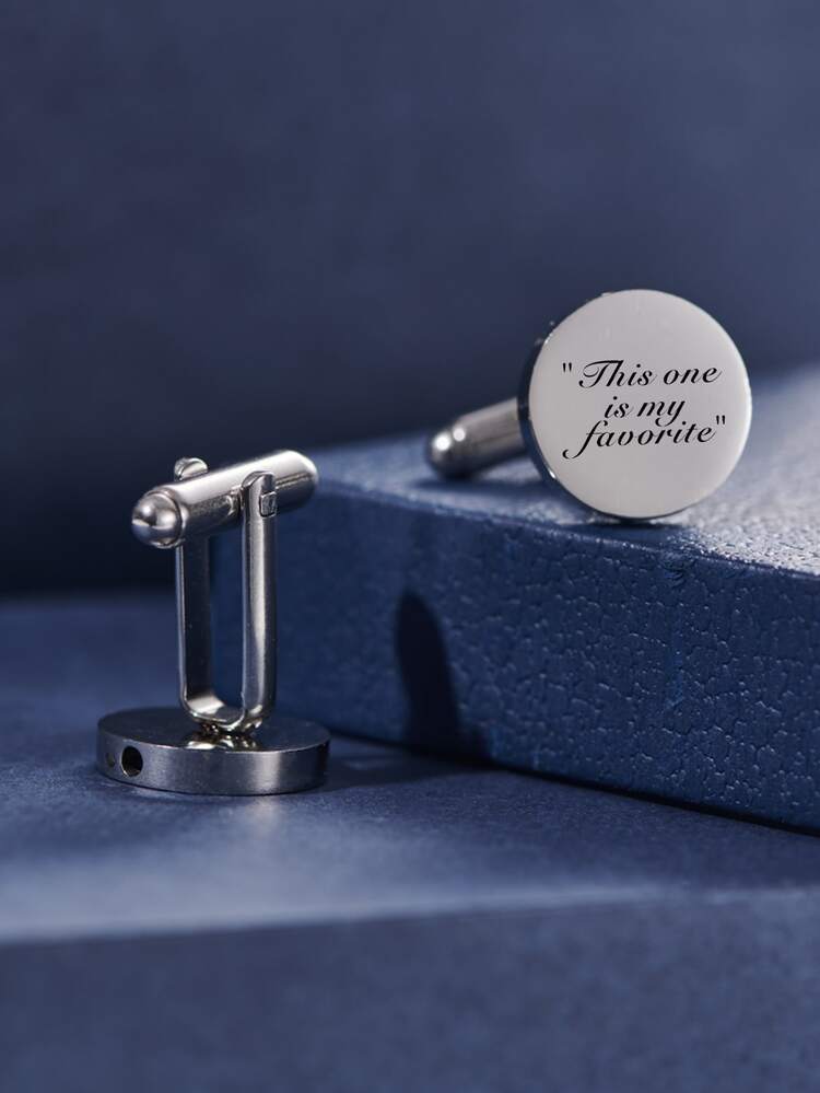 Fashionable And Popular 1pair Fashionable Stainless Steel Slogan Detail Round Cufflinks For Men For Gift For Jewelry Gift And For A Stylish Look - Silver - View 3