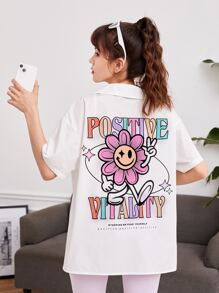 SHEIN Teen Girls Slogan & Cartoon Graphic Drop Shoulder Shirt - White - View 3