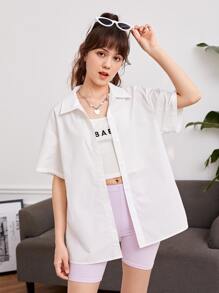 SHEIN Teen Girls Slogan & Cartoon Graphic Drop Shoulder Shirt - White - View 4