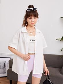 SHEIN Teen Girls Slogan & Cartoon Graphic Drop Shoulder Shirt - White - View 6