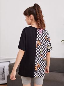 SHEIN Teen Girls Checkerboard & Butterfly Print Drop Shoulder Tee - Multicolor - View 2