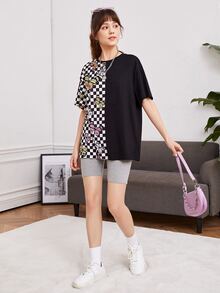 SHEIN Teen Girls Checkerboard & Butterfly Print Drop Shoulder Tee - Multicolor - View 5