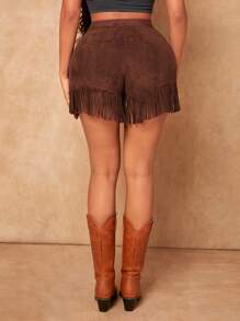 SHEIN SXY 流蘇下擺素色仿麂皮短褲 - 巧克力棕 - 查看 2